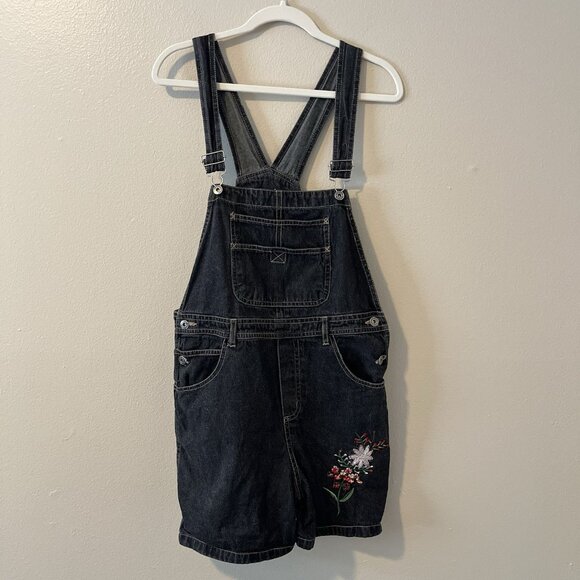 Vtg Denim Overall Shorts Black Grey Embroidered Y2K Kid Core Grunge Goth 90s - Picture 1 of 7